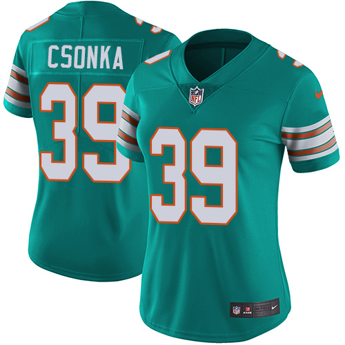 Nike Miami Dolphins 39 Larry Csonka Aqua Green Alternate Women Stitched NFL Vapor Untouchable Limited Jersey